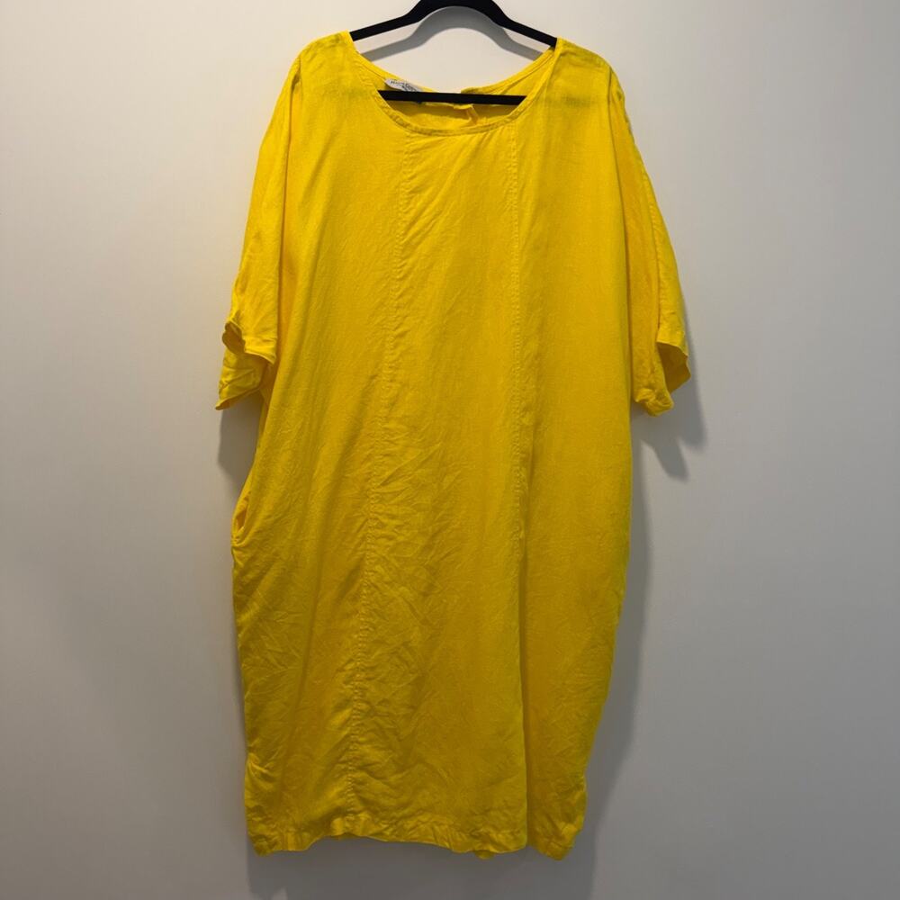 Haris Cotton Dress Women XL Oversized Yellow Linen Short Sleeve Kaftan Button